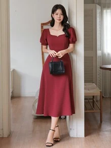 DAZY 女士及膝优雅方领泡泡袖纯色连衣裙，适合派对、约会、情人节等场合，优雅吊带红色女装，圣诞节款式