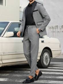 Manfinity Mode Men's Contrast Color Shawl Collar Long Sleeve Suit Jacket And Pants 2 Pieces Set Pants Suits For Men's Suit And Pants Men's Suit Formal Men Casual Suit - Grey - View 5