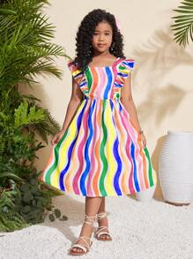 SHEIN Tween Girl Colorful Striped Bowknot Detail Cap Sleeve Vacation Casual Dress - Multicolor - View 2