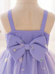 SHEIN Glamorique Kids Baby Girls Spring/Summer Embroidered Mesh V-Neck Spaghetti Strap Bowknot Belt Mesh Dress,Easter - Purple - View 3