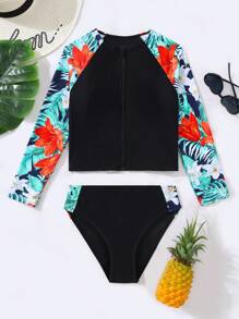 SHEIN 青少年女孩 2 件套热带植物叶和花卉印花拉链泳衣套装 - 彩色 - 查看 3