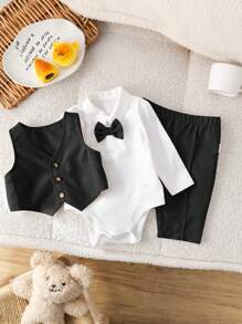 SHEIN 3件套新生儿男/女宝宝可爱秋季绅士套装，包括背心、纯色长袖衬衫、连体衣和裤子，适合生日派对、庆典、婚礼、洗礼、庆祝活动等场合。 - 黑色 - 查看 6