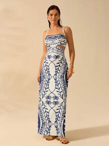 CAJUNI 女士波西米亚风绿色椰子树印花镂空腰后绑带无袖连衣裙，假日休闲夏装 - 彩色 - 查看 7