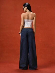 LYSMO Women's Simple Front Button Pocket Dark Blue Loose Wide Leg Jeans