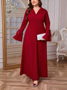 SHEIN Privé Damen Große Größen elegante Modest Kleider Tunika fließend V-Ausschnitt Rüschenärmel Schleife locker Kleid, Frühling/Herbst