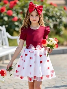Tween Girls Solid Ribbed Top And Heart Net Skirt 2 Pieces Set - Red - View 1