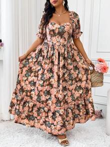 SHEIN Clasi Plus Size Vintage French Floral Rose Print Waisted A-Line Maxi Dress With Puff Sleeves & Ruffle Hem, Summer Easter Wear - Multicolor - View 4