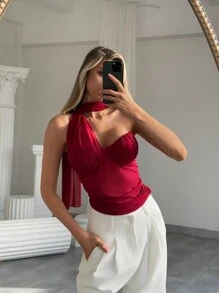 Aloruh Red Sexy Mesh One Shoulder Strap Top With Ribbon, Valentine's Day Lingerie - Red - View 5