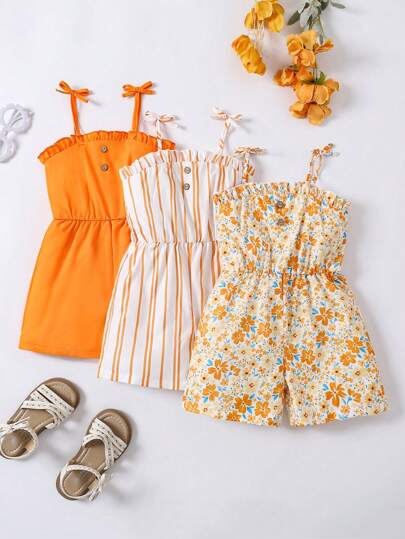 SHEIN 3pcs Young Girl Frill Trim Knotted Shoulder Jumpsuit