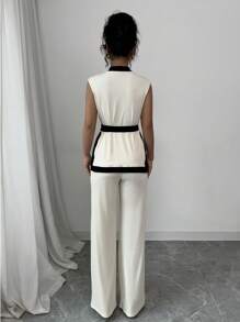 Elenzga 2pcs Women Spring/Summer French Elegant Color Blocking Sleeveless Cropped Top & Wide Leg Pants Set - Apricot - View 2