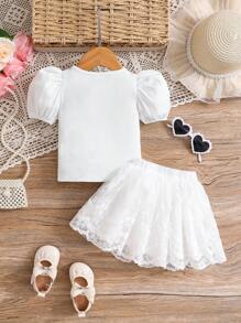 SHEIN Baby Girls 2Pcs Set Solid Color Knit Ruffle Sleeve Top And Mesh Skirt Outfit - White - View 7