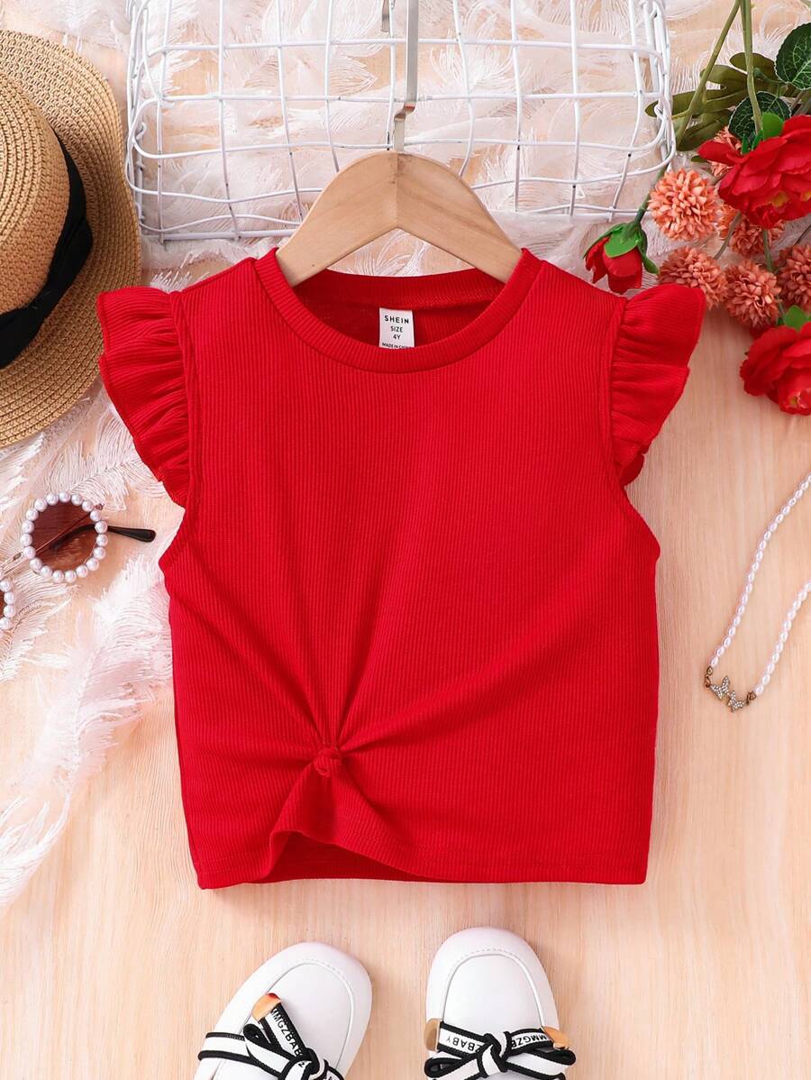 SHEIN Young Girl Solid Red Round Neck Fitted T-Shirt With Cap Sleeves, Suitable For Valentine's Day, Princess , Daily Wear, Vacation, Party - Red - View 1