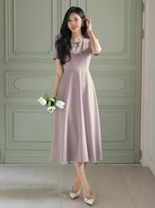 Wynsel Women's Short Sleeve V-Neck Bowknot Decor Dress Elegant Sundress