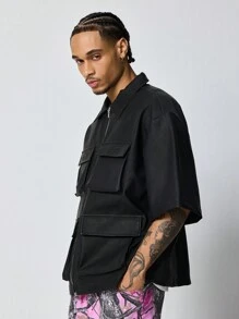 ROMWE MEN Street Life Men's Cargo Pocket Solid Color Short Sleeve Utility Vented Zip-Up Collar Shirt