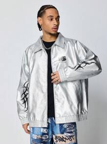 ROMWE MEN Street Life Men's Fashion Metallic Graphic Print Racing Jacket - Silver - View 1