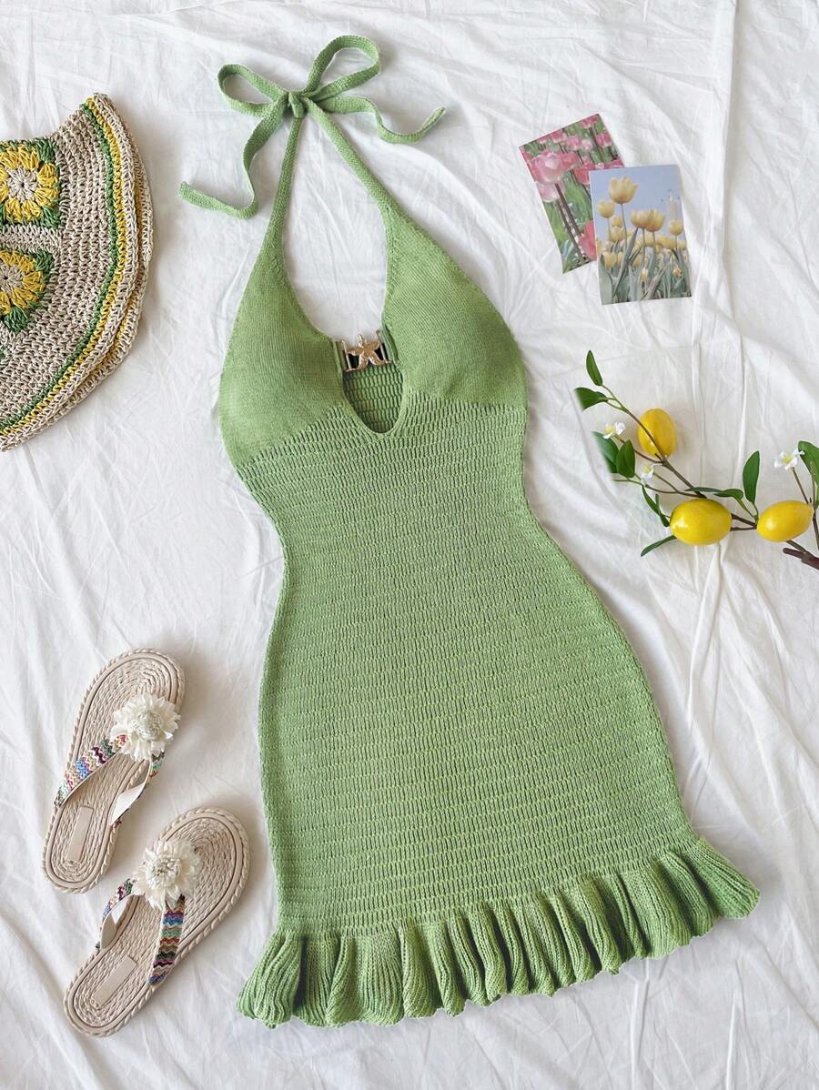 Soleia Women's Resort Moss Green Halter Backless Hollow Out Ruffled Mini Dress With Metal Buckle Decor - Green - View 1