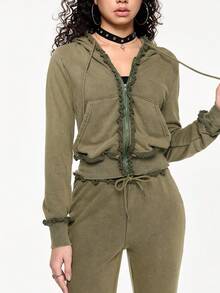 ROMWE Grunge Punk Ensemble 2 pièces femme, style vintage sexy, Y2K, punk, avec fermeture éclair et effet délavé