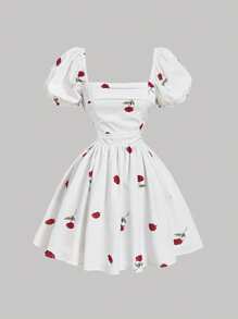 SHEIN MOD Women's Rose Print Puff Sleeve Dress,Tea Party Dress,Date Night Dress Women,Summer Tops Dress,Vacation Outfits Woman,Summer Dress Vacation,Beach Outfits For Woman,Concert Outfit Women - White - View 1