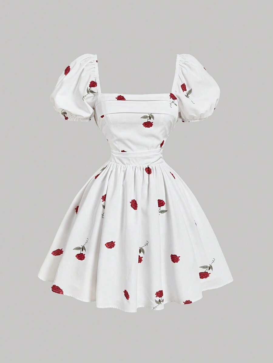 SHEIN MOD Women's Rose Print Puff Sleeve Dress,Tea Party Dress,Date Night Dress Women,Summer Tops Dress,Vacation Outfits Woman,Summer Dress Vacation,Beach Outfits For Woman,Concert Outfit Women - White - View 1