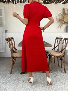 SHEIN Clasi Women's Long Textured French Waist Puff Sleeve Maxi Dress - Red - View 2