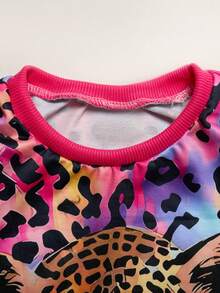 SHEIN 女童豹纹圆领长袖卫衣，舒适宽松休闲套头衫，时尚可爱，适合秋冬季家庭穿着 - 彩色 - 查看 6