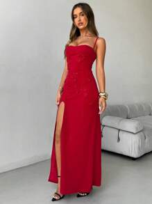 Aloruh Women's Elegant Romantic Holiday Dress 3D Three-Dimensional Flower Suspender Dress Sexy Wedding Season Dress Easter Birthday Party Dress Valentine's Day Red High Slit Flower Decorated Suspender Dress Long Dress Bodycon Dress Outfit