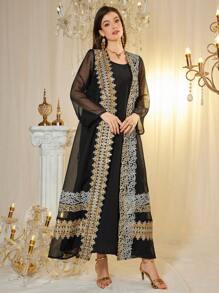 Al Najma Customized Sequins Embroidery Traditional Arabic Luxury Ladies Maxi Dress Set