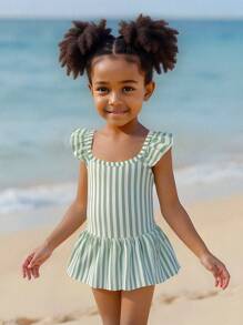 SHEIN Young Girl Striped Cap Sleeve Swimsuit (Random Print) - Multicolor - View 1