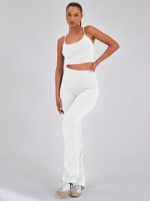 Musera Sport Slinky Spaghetti Strap Active-Wear Crop Cami Top Only, Padel, Tennis, Pickleball Gym Fitness Pilates Daily Casual - White - View 4