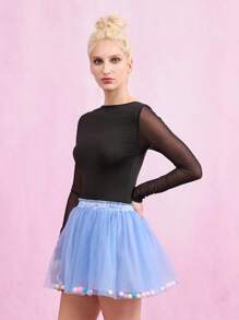 TryMe Rok Pesta Mini Wanita dengan Hiasan Pom-Pom dan Jala - Biru - View 4