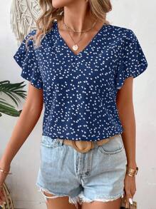 EMERY ROSE 心形印花 V 领荷叶边袖衬衫 适合新年服装 - 彩色 - 查看 5