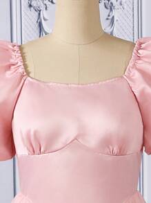 Vestido estilo cosecha mini de satén para adolescente con mangas abullonadas Y2K - Rosa - Ver 4