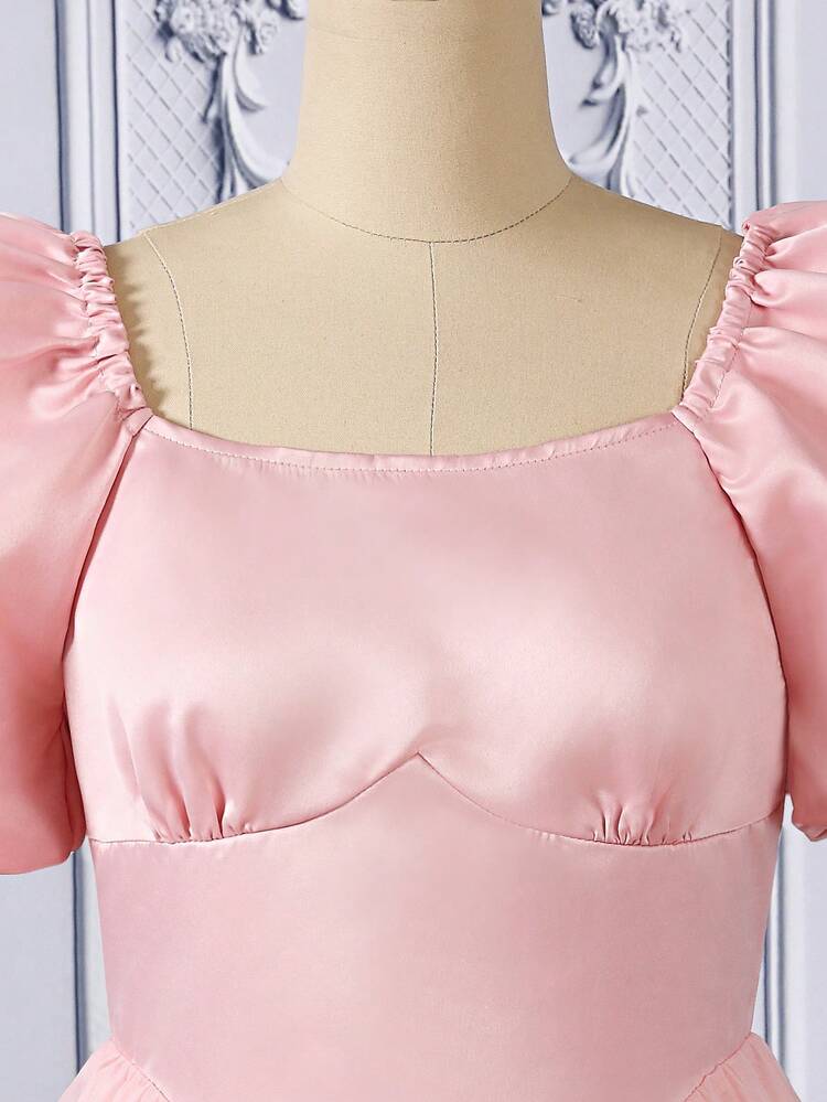 Váy ngắn tay ngắn tay phồng Satin Y2K cho cô gái tuổi teen - Hồng - Xem 4