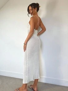 Chiquease Đầm dệt kim cổ chữ V họa tiết hoa 3D cho kỳ nghỉ của phụ nữ - trắng - Xem 2