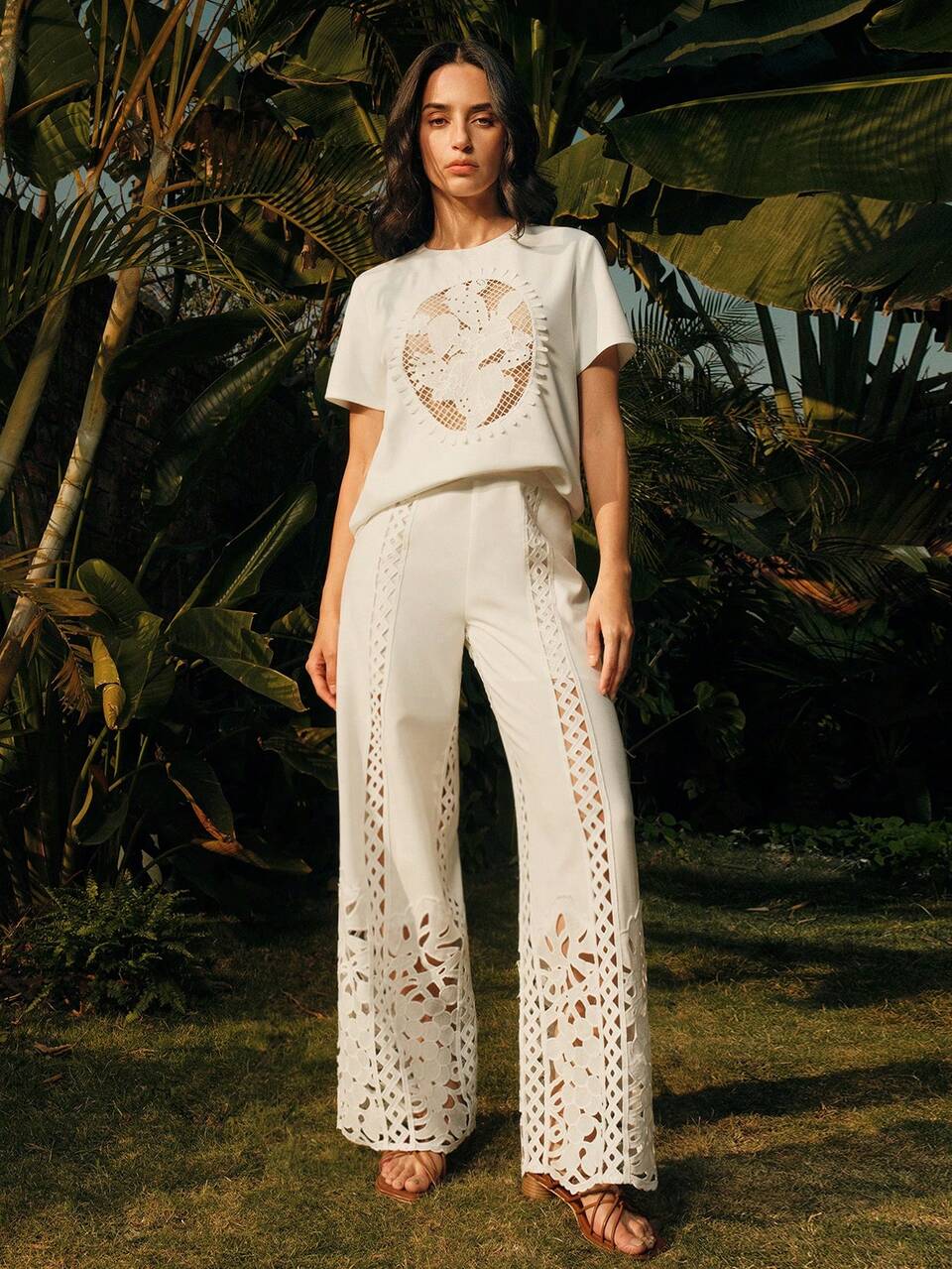 Elegant, Spring, Boho, Casual Women Soluble Lace Trim Splice Palazzo Pants