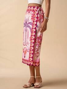 SHEIN TRVLCHIC Váy midi buộc dây phía trước in họa tiết nhiệt đới cho nữ, phong cách đi nghỉ - Hồng - Xem 4