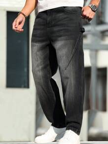 Manfinity Homme Men's Relaxed Fit Straight Leg Pocketed Casual Jeans - Grey - View 4