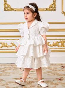 SHEIN Leap Crew Baby Girl Elegant Collared Puff Sleeve Ruffle Hem A-Line Dress - White - View 6