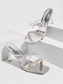 CUCCOO SZL Women Silver Bow Crystal Chain Square Toe Thin Heel High Heels Sandals, Sexy Elegant Party Shoes For Clubbing, Music Festival - Silver - View 4