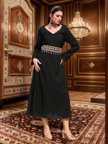 Al Najma Women's Solid Color Patchwork Long Sleeve Simple Casual Long Arabian Dress