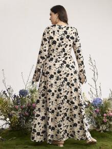 Graceveil 大码女式圆领长袖花卉印花休闲连衣裙 - 彩色 - 查看 4