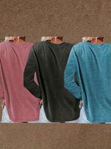 SHEIN LUNE Casual Solid Color Round Neck Long Sleeve T-Shirt, Autumn Fall Cloth For Women - Multicolor - View 2
