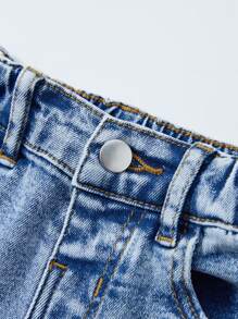 SHEIN Young Girls' Distressed Star Embroidered High Elasticity Flare Jeans With Ruffled Hem, Comfortable Cute Daily Wear, Light Wash Blue - Light Wash - View 3