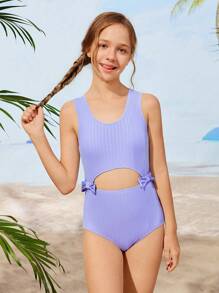SHEIN Teen Girl's Solid Color Wide Strap Bow Decor One-Piece Swimsuit - Purple - View 1