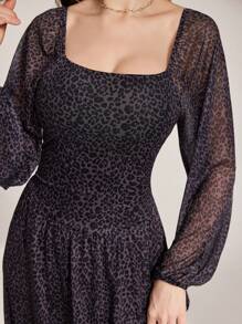 Modelyn Robe moulante à col carré, manches lanternes, doublure imprimé léopard pour femmes - Multicolore - Voir 6