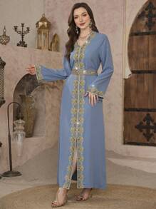 Al Najma Elegant Women's Floral Print Long Sleeve Arabic Style Maxi Dress Kaftan Jalabiya Dress - Mauve Purple - View 5