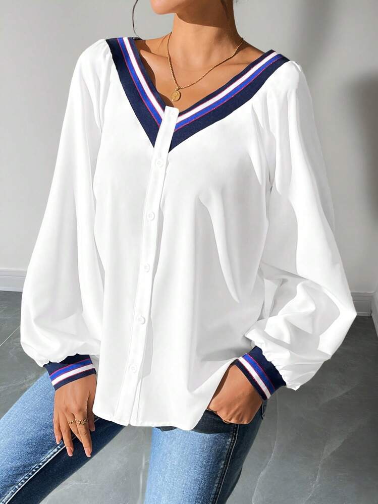 Chiquease Colorblock Ribbed V-Neck Button-Up Women's Shirt, Minimalist & Fashionable For Casual Daily Wear - White - View 4