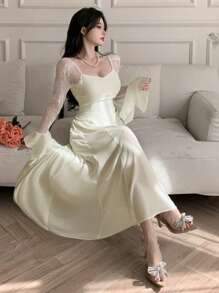 DAZY Spring Elegant Lace Patchwork Pleated Ruffle Sleeve Mid-Length Dress For Women Prom Dress,Fall Dress Long Sleeve Dress - Beige - View 8