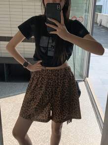 DAZY 女士豹纹松紧腰休闲短裤，夏季日常穿着 - 咖啡棕 - 查看 2