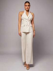 Silquee Solid Color Linen Sleeveless Non-Fitted Business Women's Blazer & Skirt 2 Pieces Set, Elegant Office/Teacher Uniform, Can Be Worn For Christmas, Everyday